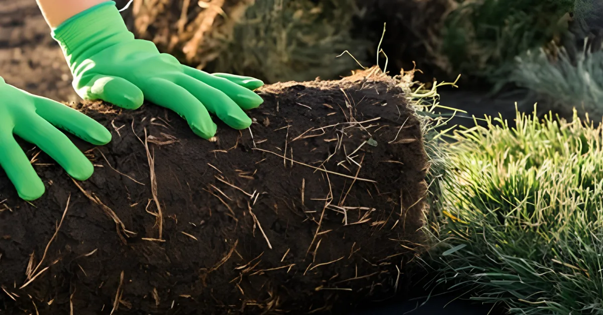 Gloved hands unrolling a strip of sod onto prepared soil next to freshly laid turf