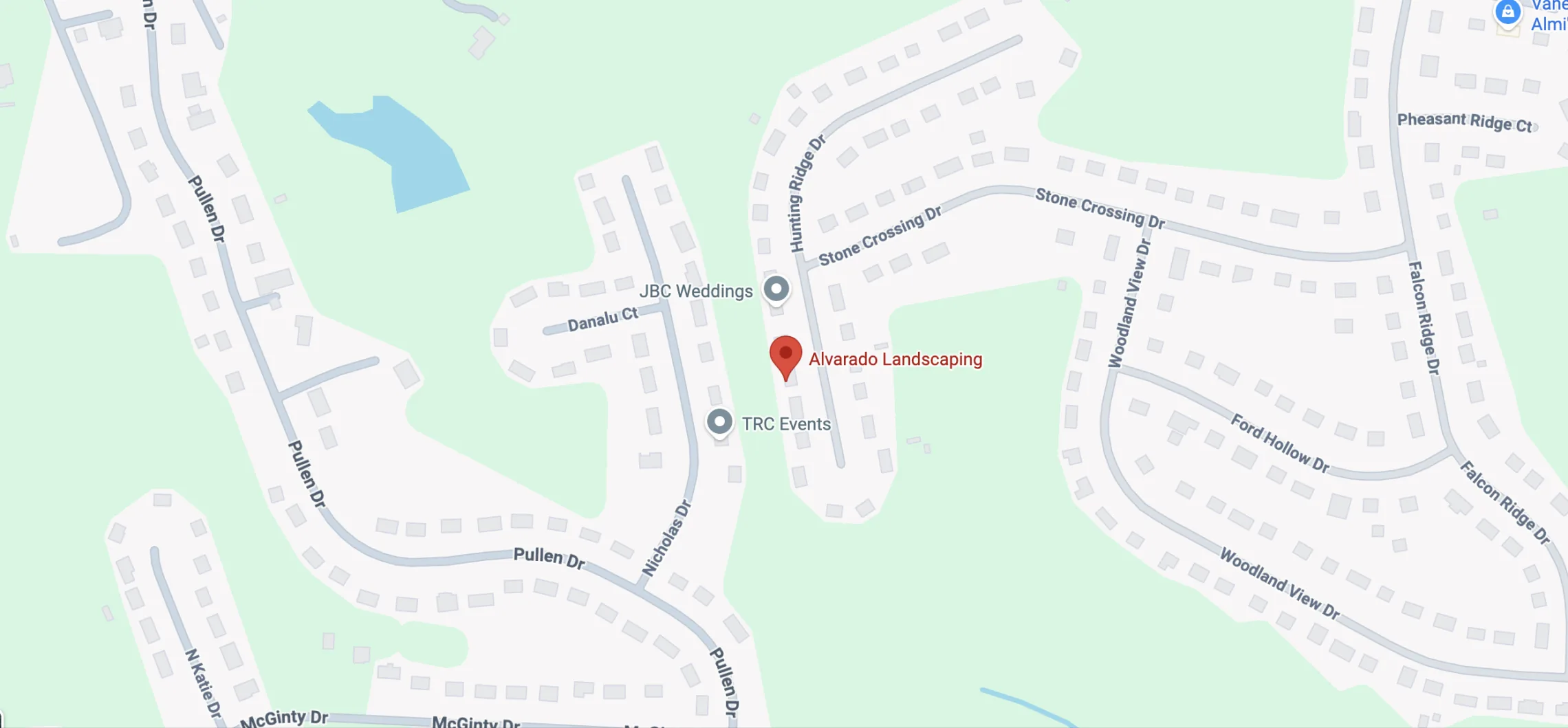 Map showing the Alvarado Landscaping location on Hunting Ridge Drive in Fredericksburg, Virginia